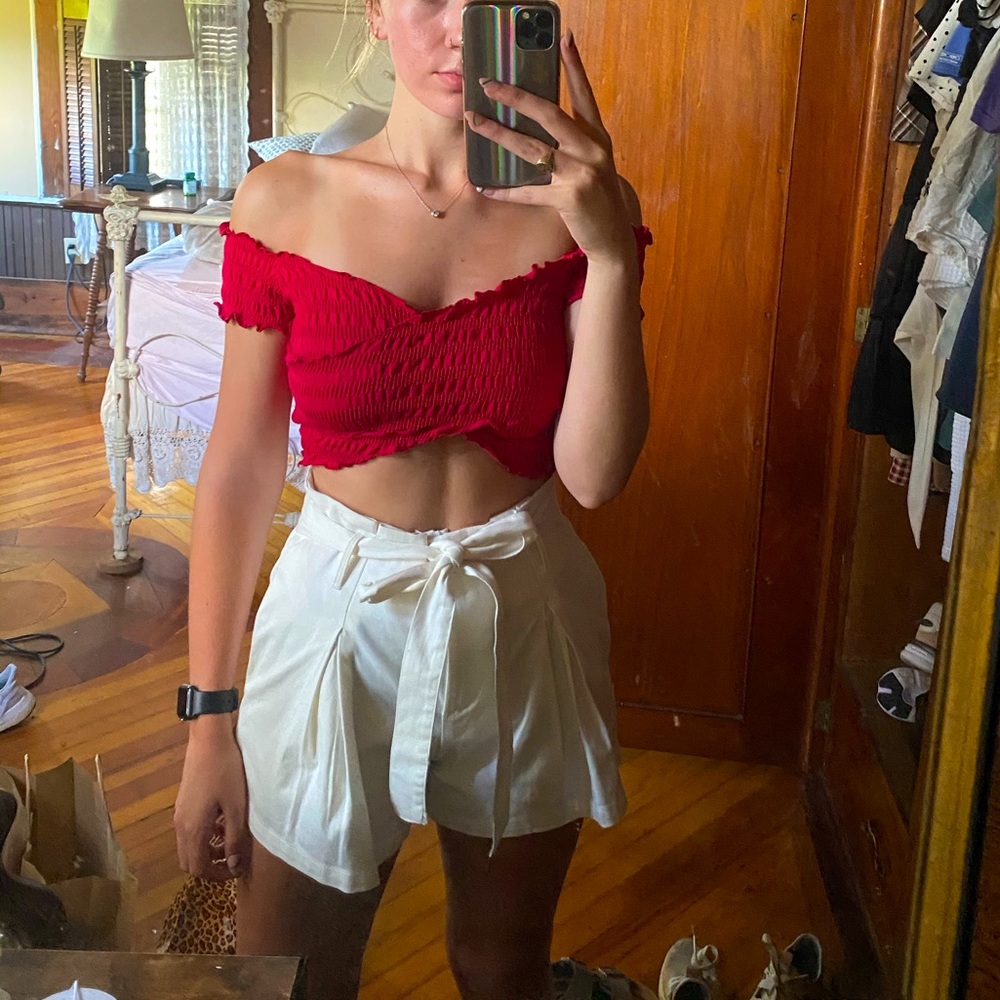 Red off the shoulder crop top